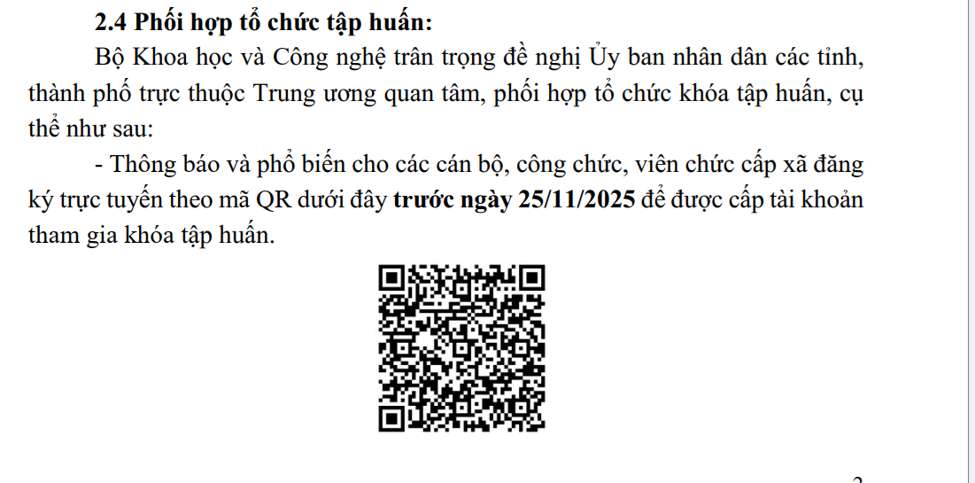 Đăng ký tập huấn chuyên môn, nghiệp vụ cho cán bộ, công chức, viên chức cấp xã sau sắp xếp đơn vị hành chính thuộc phạm vi quản lý của Bộ Khoa học và Công nghệ giai đoạn 2025 - 2026
